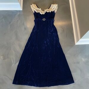 Sylvia Ann Vintage Blue Velvet Maxi Dress 8 Ruffle Lace Collar Rhinestone Belt